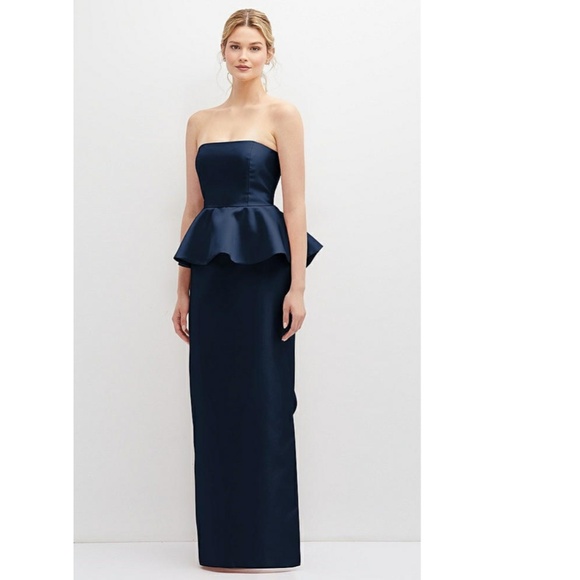 NEW ALFRED SUNG Midnight BLUE Strapless RUFFLE Peplum SATIN Column GOWN 12 - Picture 11 of 16
